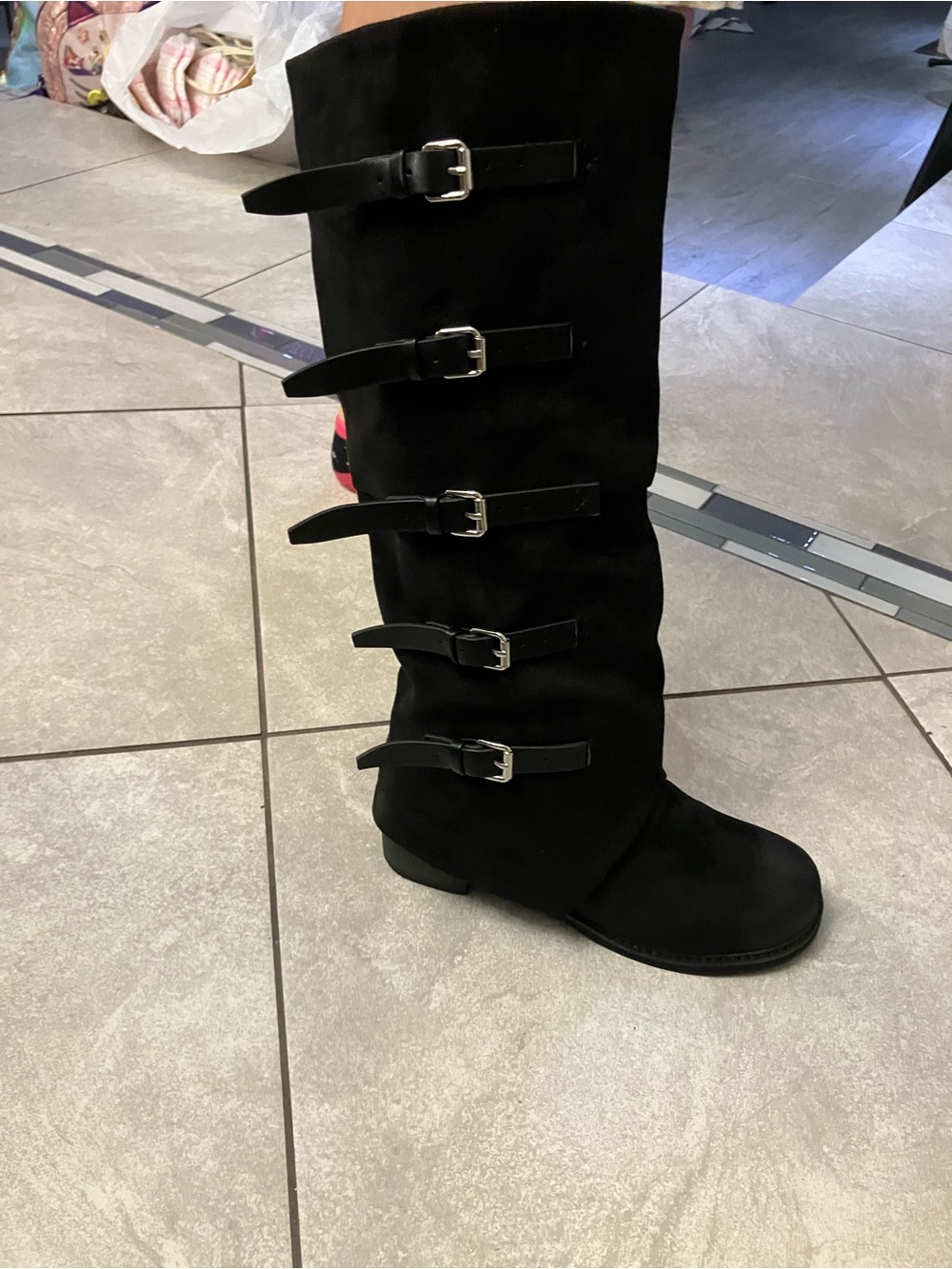Black 5 Buckle-vegan suede Slouch Knee-High Women's Boots Wider Calf